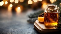 Golden honey in glass jar on wooden board with warm bokeh lights and evergreen branch creating cozy winter atmosphere for natural wellness and holiday themes.