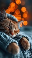 Adorable orange tabby kitten sleeping peacefully wrapped in cozy knitted blanket with warm golden bokeh lights creating magical atmosphere for holiday content.
