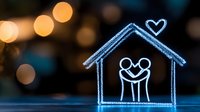 Glowing neon outline of house with loving couple inside, heart on roof against dark bokeh background, concept of family, love, home and relationships.
