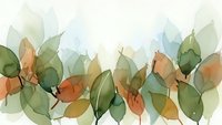 Watercolor autumn leaves border with green orange and brown foliage creating organic botanical frame on white background for seasonal design projects.