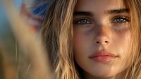 Close-up portrait of young woman with freckles and green eyes in warm sunset light, blonde hair softly framing her face.