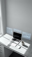Modern workspace with laptop displaying holographic interface elements including calendar and task management for productivity and business planning.