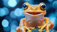 Orange tree frog with bright blue eyes against blurred bokeh background, macro photography showing detailed texture of amphibian skin and expressive face.