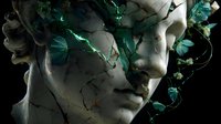 Cracked stone sculpture with glowing green energy and ivy, depicting a serene face emerging from darkness. Ancient meets supernatural in artistic concept.