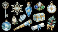 Watercolor winter clipart set with key, snowflake, potion bottle, gems, compass, lantern, mitten, chest, telescope, scroll, and holly, isolated on transparent background for stickers and print on demand.