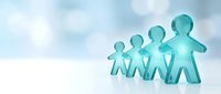 Turquoise paper cutout family figures holding hands against soft blue sky background representing unity, support, community connection and togetherness concept.
