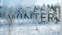 Frost-covered window with the word WINTER etched in ice crystals, snowy forest blurred in background, cold season concept for banners and cards.