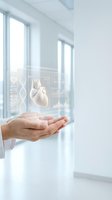 Doctor hands displaying holographic heart anatomy with medical data interface in modern hospital setting for cardiology healthcare technology.