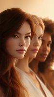 Three diverse women with different hair colors and skin tones stand in profile against warm sunset lighting, showcasing natural beauty and inclusivity in modern portraiture.