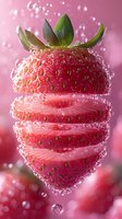 Fresh strawberry sliced in mid-air with water droplets and bubbles against pink background, creating magical levitation effect for food and beverage advertising.
