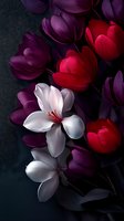 Dramatic floral composition featuring white magnolia blooms against deep purple and vibrant red tulips on dark background, creating striking contrast and mood.