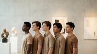 Diverse group of five men wearing matching beige t-shirts standing in profile inside modern art gallery with white walls and contemporary sculptures displayed on pedestals.