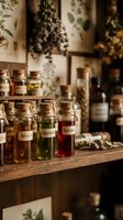 Herbal medicine bottles with cork stoppers containing arnica, calendula, and echinacea extracts displayed on wooden counter in apothecary setting with dried plants.