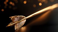 Golden metallic arrow feather detail with light trail effect against dark background with bokeh lights creates magical atmosphere for fantasy and decorative designs.