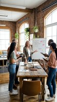 Four diverse women collaborate in a modern loft office with exposed brick, wooden beams, and large arched windows, discussing strategy at a wooden table with whiteboard.