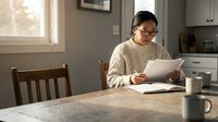 Asian woman working from home at kitchen table with laptop and documents in cozy morning light atmosphere for remote work concepts.