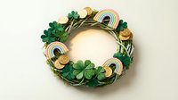 Festive St. Patrick's Day wreath with shamrocks, gold coins and colorful rainbows on neutral background for seasonal home decor and holiday celebrations.