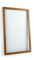 Empty wooden picture frame with natural oak finish isolated on white background for mockup and design projects.