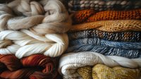 Natural wool yarn skeins in autumn colors and textures, including cream, rust, blue and mustard tones, arranged in cozy composition for knitting and crafts.