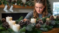 Young woman arranging white candles and pine cones on evergreen Christmas garland decoration at home, creating cozy holiday atmosphere near fireplace.