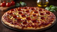 Fresh pepperoni pizza with melted cheese on dark wooden background, tomatoes and olive oil in background, close up view of traditional Italian cuisine.