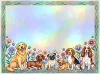 Golden retriever, dachshund, pug, and beagle dogs surrounded by colorful flowers in decorative Celtic border frame, isolated on white background for greeting cards and pet-themed designs.