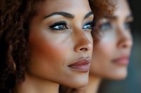 Close-up portrait of young African American woman with natural curly hair, dramatic eye makeup and burgundy lips, reflected in mirror with soft lighting.