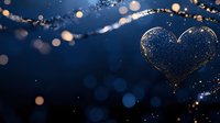 Glowing heart shape with sparkles and bokeh lights against dark blue background creates romantic atmosphere for Valentine's Day designs and love themes.
