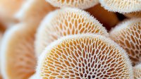 Macro view of white coral mushroom gills showing delicate natural pattern and texture in soft beige and brown tones, creating organic abstract background.