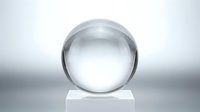 Clear glass sphere resting on white pedestal against neutral background, suitable for concepts of clarity, vision, future planning, and corporate branding applications.