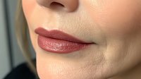 Close-up of woman's lips with natural mauve-pink lipstick and glossy finish, showcasing makeup application and beauty cosmetics for advertising and skincare campaigns.