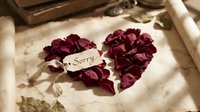 Dried rose petals arranged in a heart shape with a sorry tag on vintage paper, evoking apology, regret, and romantic reconciliation.