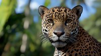 Close up portrait of majestic jaguar face showing detailed spotted fur pattern and intense eyes against natural green foliage background, wildlife photography concept.