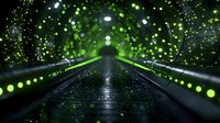 Illuminated pathway with glowing green bokeh lights creating magical tunnel effect at night, reflective wet surface adds depth and atmosphere. For fantasy backgrounds.