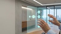 Hands of a middle-aged person with medium skin tone interacting with a transparent glass panel displaying digital molecular structure and network icons in a modern office environment with city skyline view.