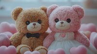 Adorable brown and pink teddy bears sitting together, boy bear wearing bow tie and girl bear in white dress, surrounded by soft pink hearts on pastel background.