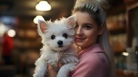 Young Caucasian woman with blonde hair in pink sweater holding adorable white Pomeranian puppy dog. Warm cafe interior background creates cozy atmosphere.
