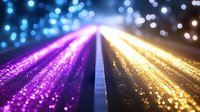 Vibrant purple and golden light beams with glowing particles and bokeh effects create dynamic motion trails against dark background, suitable for technology designs.