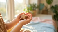 Young woman cupped hands in prayer or meditation pose in bright sunlit bedroom with plants, spiritual wellness and mindfulness concept for relaxation.