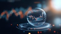 Stock market analysis reflected in crystal sphere with financial charts and digital data visualization for trading, investment research, and business forecasting.