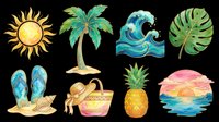 Tropical summer collection with sun, palm tree, ocean wave, monstera leaf, flip flops, beach bag, pineapple and sunset. Isolated on transparent background, ready for t-shirts, stickers, clipart and print-on-demand designs.