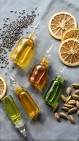 Natural essential oils in glass bottles with dried orange slices, lavender seeds and pistachios on linen fabric for aromatherapy and wellness treatments.