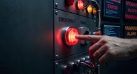 Hand pressing red emergency stop button on industrial control panel with warning lights and digital displays in manufacturing facility.