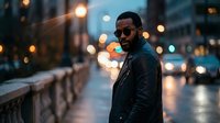 Young African American male wearing sunglasses and black leather jacket standing on wet urban street at dusk with blurred city lights and traffic in background.