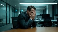 Stressed businessman covering face with hands sitting at office desk during late night work hours showing burnout and workplace pressure.