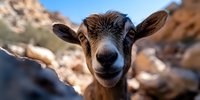 Close-up portrait of young brown goat with large ears looking directly at camera against blurred rocky mountain background.