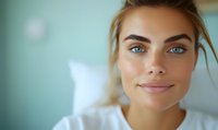 Close up portrait of young Caucasian woman with bright blue eyes and natural makeup smiling at camera against soft turquoise background, wearing white casual top.