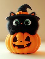 Black cat with green eyes wearing witch hat sitting inside carved jack-o-lantern pumpkin. Halloween decoration and seasonal holiday design element for festive autumn projects.