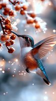 Hummingbird feeding on winter berries covered in snow, wings spread against soft bokeh background in turquoise and coral tones, magical nature moment.