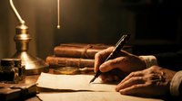 Hand writing with fountain pen on parchment paper by candlelight with vintage books and inkwell creating atmospheric scholarly workspace for calligraphy projects.